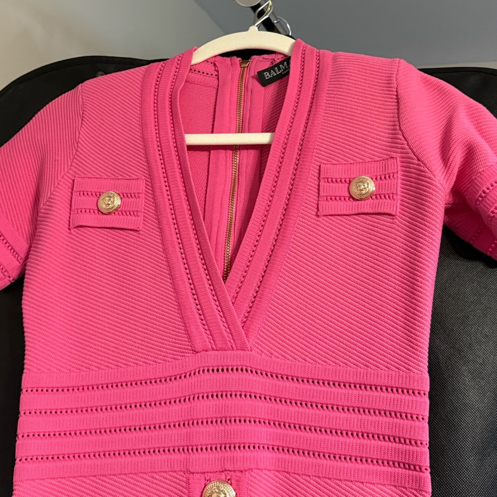 Balmain Fuchsia Knit Cardigan with Gold Accents